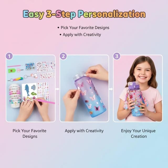 Detalle de Sanilinwild girls’ 600ml mermaid DIY water bottle kit (decorate + friendship bracelet)