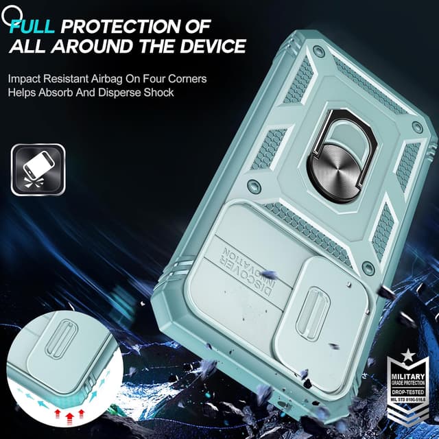 Detalle 2 de LeYi Galaxy S23 FE case with camera cover slider and ring stand (green) + 2-pack tempered glass screen protectors