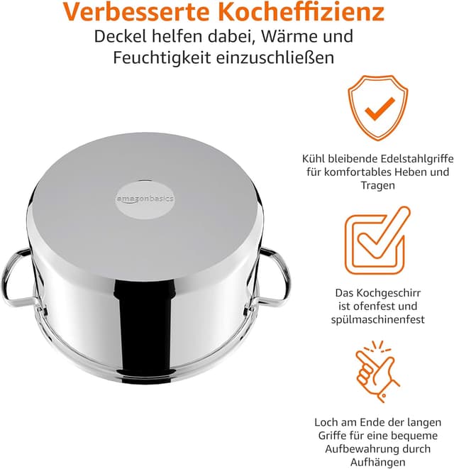 Detalle de Amazon Basics 11-teiliges Topf- und Pfannenset aus Edelstahl mit Keramik-Antihaftbeschichtung (Induktion)