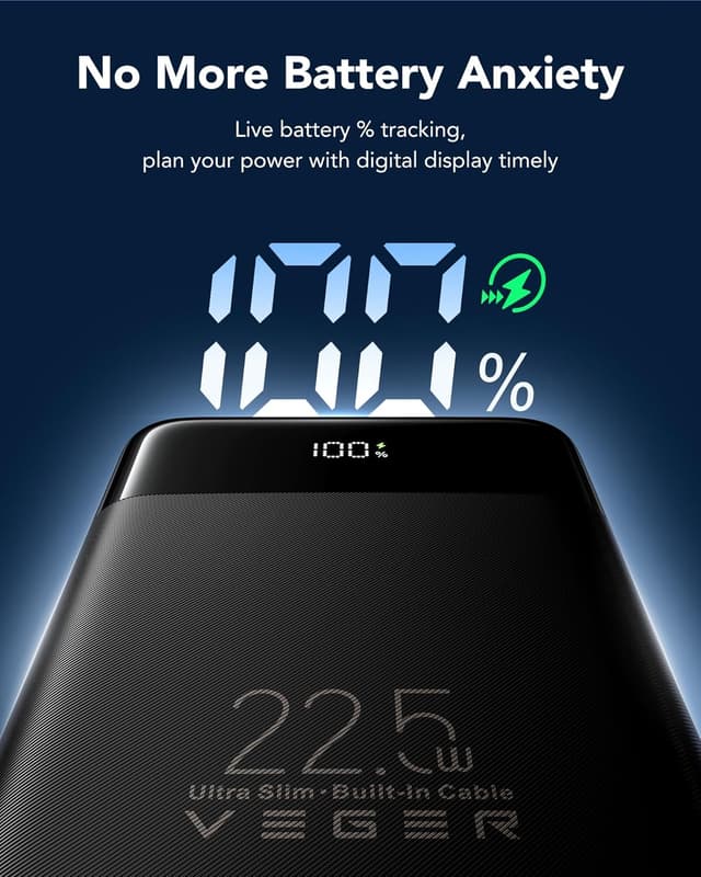 Detalle de VEGER Power Bank 10000 mAh con cavi integrati e ricarica rapida 22,5W (4 uscite, display LED)