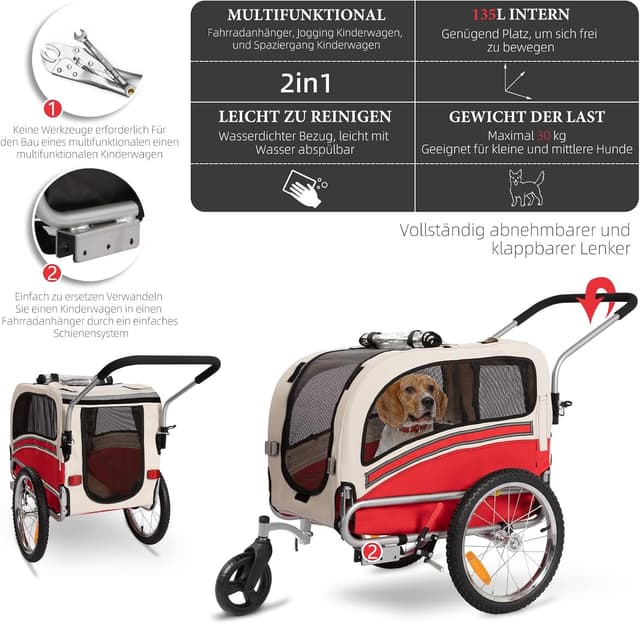 Detalle de Fiximaster 2-in-1 Hundeanhänger für Fahrrad & Jogger – faltbarer Transportwagen bis 30 kg mit Bremsen