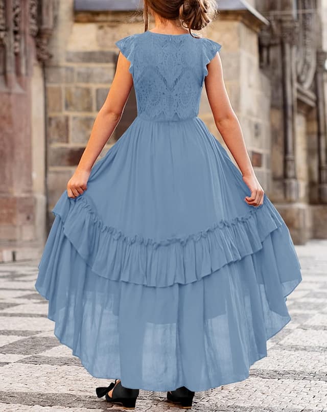 Detalle de HOSIKA Girls Lace Boho Flower Girl Dress with Ruffle Sleeves (A-Line, 6–12 Years)