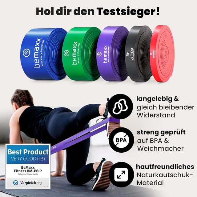 Detalle de Fitnessband Pull Up Resistance Band – Klimmzughilfe mit Trainings-E-Book (5 Bänder im Set)