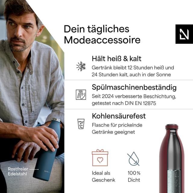 Detalle de LARS NYSØM Edelstahl-Trinkflasche „Ren“ XL 1.500 ml (kohlensäuregeeignet) – auslaufsicher, vakuumisoliert