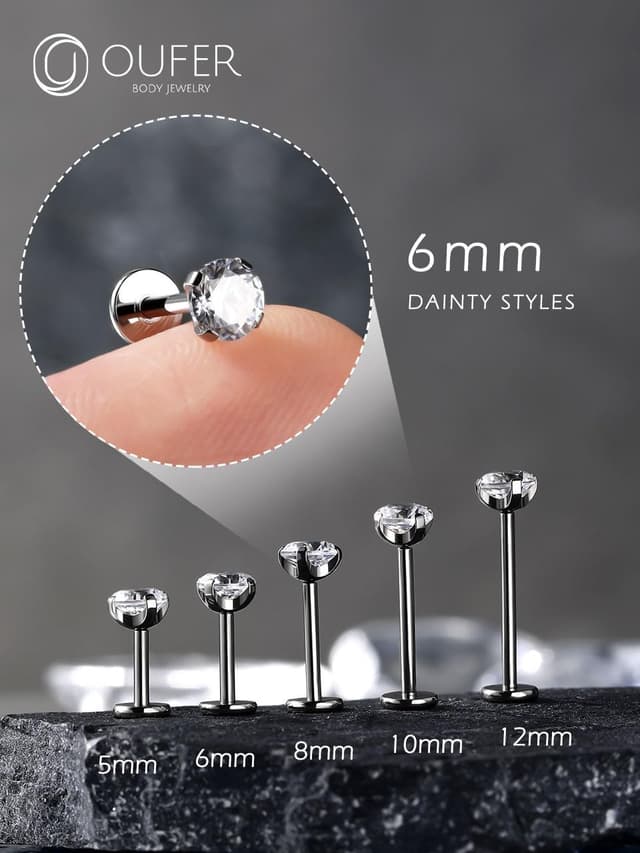 Detalle de OUFER Labret piercing push-in en titane 18G avec pointe CZ transparente (filetage sans, modèles Helix/Tragus/Lèvre)