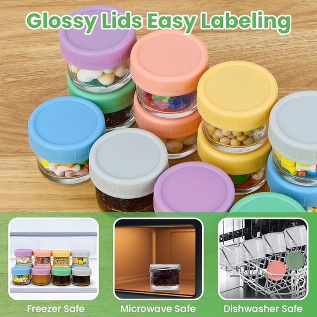 Detalle de Aolso Baby-Nahrungs-Aufbewahrungsbehälter aus Glas (12er-Set, 60 ml) mit luftdichten Deckeln