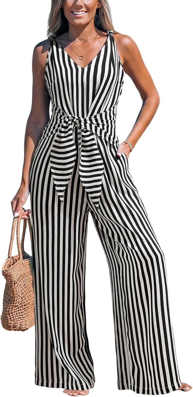 Detalle de CUPSHE combinaison femme col en V sans manches ceinturée, jambes longues et bretelles à nœud pour l’été