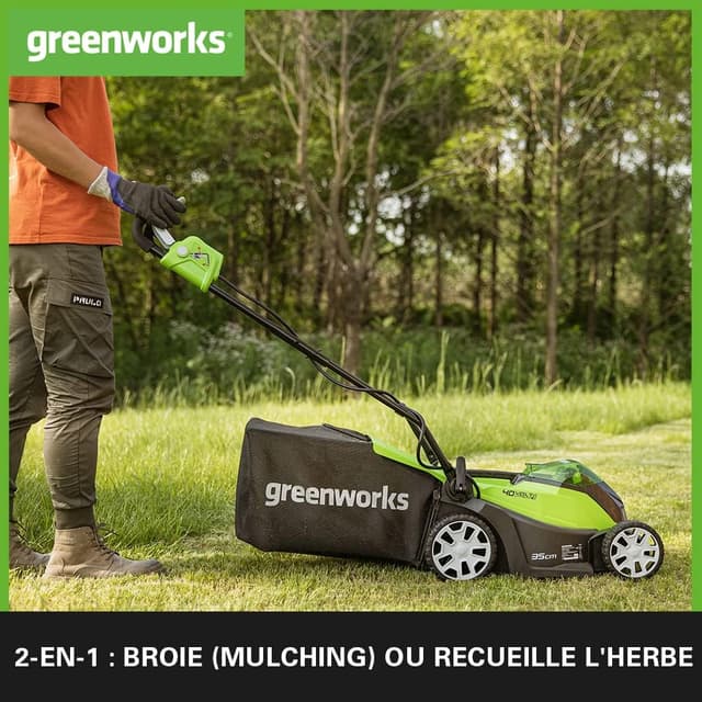 Detalle de Greenworks Tools 40V G40LM35K2 tondeuse sans fil pour pelouses jusqu’à 500 m² (35 cm) avec sac 50 L, sans batterie ni chargeur