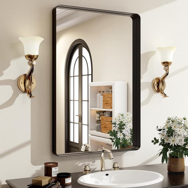 Detalle de 36x24 Inch Black Bathroom Mirror with Aluminum Alloy Frame and Explosion-Proof Glass
