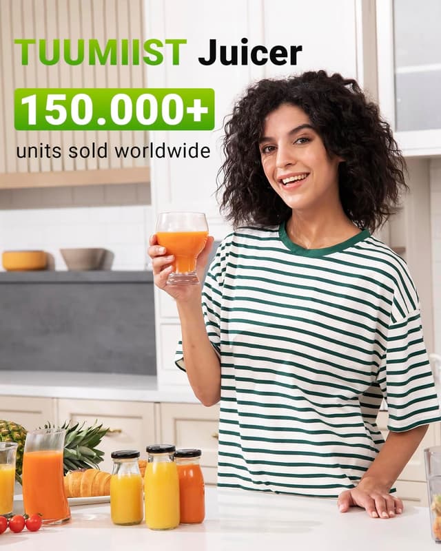Detalle de TUUMIIST Slow Juicer mit 120-mm-Einfüllschacht (Glanzschwarz) – Entsafter für ganzes Obst & Gemüse