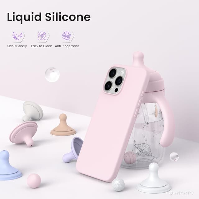 Detalle de ORNARTO iPhone 16 Pro Max Case 6.9" in Chalk Pink – slim liquid silicone, soft gel protection