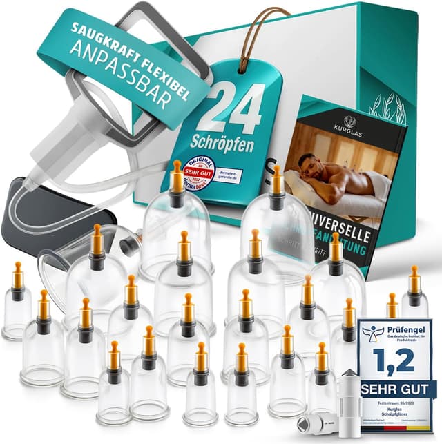 Detalle de KURGLAS Schröpfgläser mit Vakuumpumpe (24 Stück) – Schröpfset aus Kunststoff mit Therapiemagneten & Faszienschaber