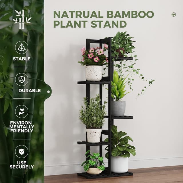 Detalle 2 de Bamworld 5-Tier Bamboo Corner Plant Stand (Black) for Indoor Window Gardens & Balconies