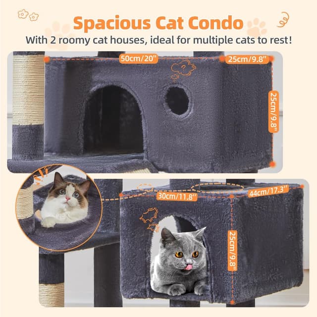 Detalle 2 de Taoqimiao 180cm Cat Tree (MS026LG) with 8 Sisal Scratching Posts, Hammock & 2 Top Perches