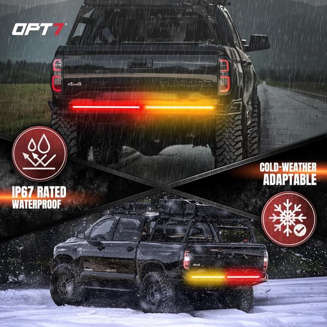Detalle de OPT7 Redline Parlux Tailgate Light Bar for 2007-2021 Tundra (Sequential Amber Turn) — Rigid 2-Piece Aluminum Triple Row LED Strip