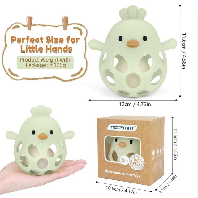 Detalle de MCGMITT Silikon-Beißring Greifball mit Rassel (Hühnerform), BPA-frei – Zahnungshilfe für Babys 3–18 Monate