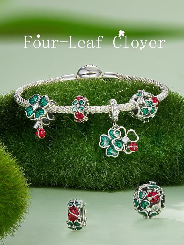Detalle de Qings vierblättriges Kleeblatt Charm-Anhänger aus Sterlingsilber 925 mit Zirkonia & Marienkäfer (für Armband oder Halskette)