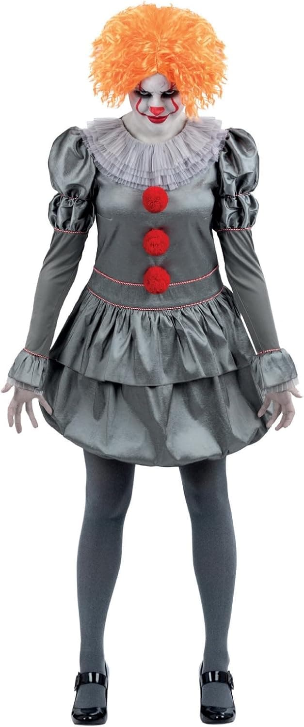 Detalle de Smiffys IT Chapter Two Pennywise Kostüm für Erwachsene – Kleid grau mit Nackenrüschen & Strumpfhosen, offiziell lizenziert