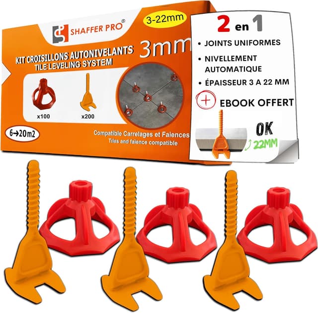 Detalle de Croisillons carrelage autonivelant 3 mm Shaffer pro (200 clips + 100 cadrans réutilisables) pour joints réguliers, 3 à 22 mm