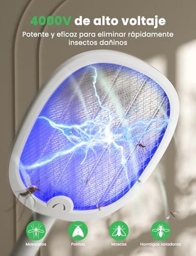 Detalle de YISSVIC raqueta eléctrica matamosquitos plegable 2 en 1 con luz UV 365 nm (4000 V) y batería USB-C 1800 mAh