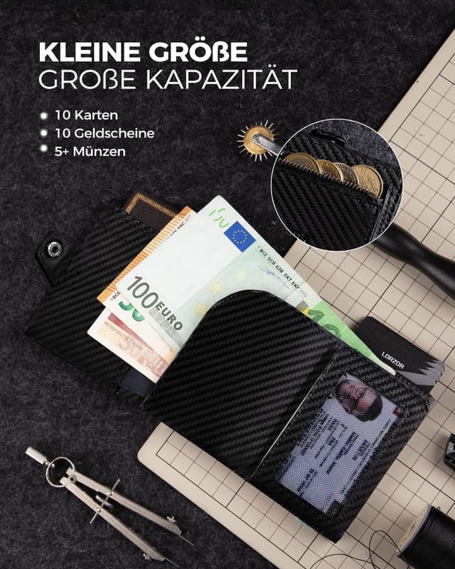 Detalle de LORZOR Slim Wallet mit Münzfach (Carbon schwarz) – Herren-Portemonnaie aus echtem Leder mit RFID-Schutz