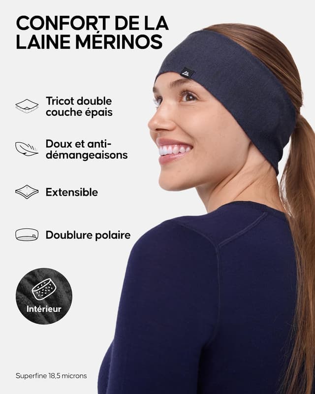 Detalle de DANISH ENDURANCE Bandeau en laine mérinos doublé polaire thermique, bleu marine foncé (S/M)