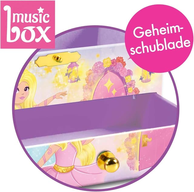 Detalle de MUSIC BOX Fairy Spieluhr mit Melodie – Mädchen-Schmuckkästchen mit drehbarer Fee, Spiegel & Schublade