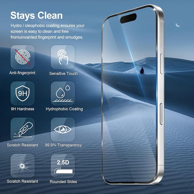 Detalle de GiiYoon 3-Pack Tempered Glass Screen Protectors for iPhone 17 / 17 Pro / 16 Pro (9H, Full Coverage)