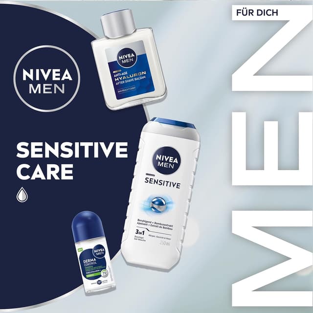 Detalle 2 de NIVEA MEN Sensitive Care Geschenkset: Duschgel, Deo Roll-on, After Shave Balsam & Kulturtasche