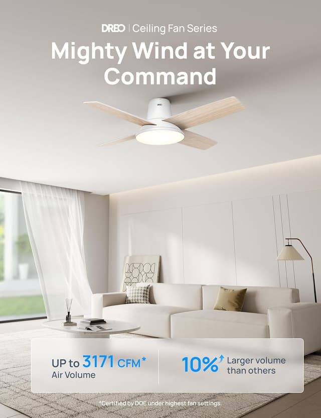 Detalle 2 de Dreo 44 in Smart Flush Mount Ceiling Fan with Lights, 12 Speeds, Quiet DC Motor, Dimmable LED, Remote & App