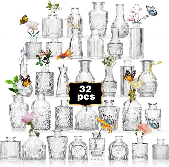 Detalle de Anquephd Glass Bud Vase Set (32PCS) for Wedding Centerpieces, Mini Clear Flower Vases