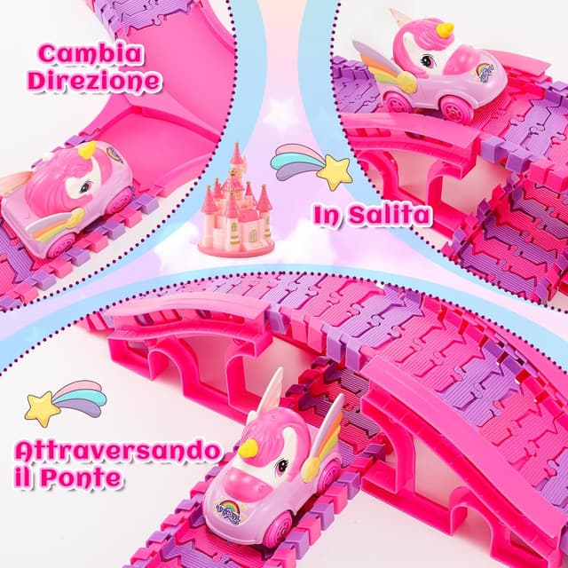 Detalle de iKidiki Unicorno Bambina: set pista macchinine con castello magico e 200 pezzi (3–8 anni)