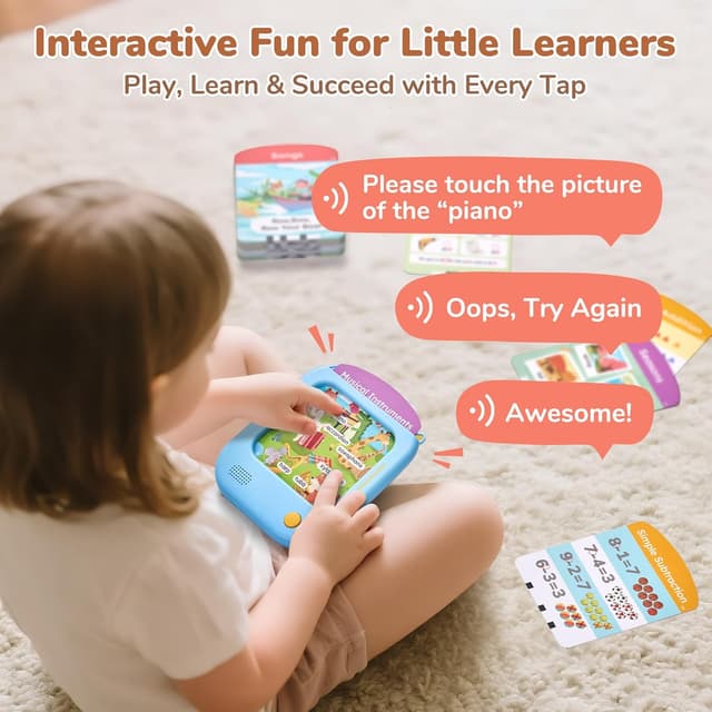 Detalle 2 de JoyCat Kids Learning Tablet (screen-free) with 156 tap-to-read flash cards and 20 listen & find games