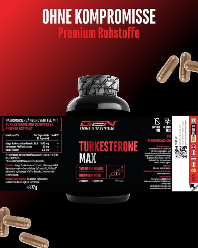 Detalle de GEN German Elite Nutrition Turkesteron Max (120 Kapseln) – Extra hochdosiert mit 1.510 mg Tagesportion