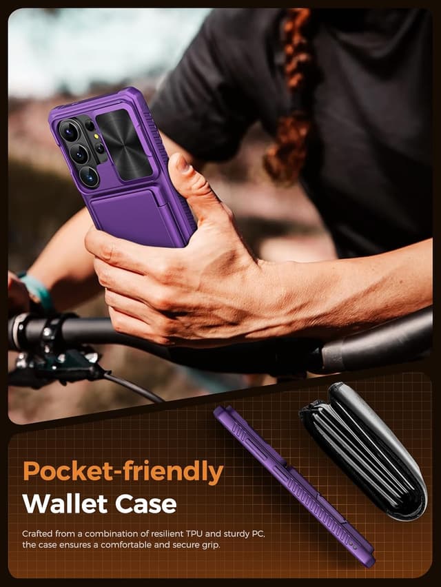 Thumbnail 6 de Vihibii Galaxy S26 Ultra case wallet with RFID card holder (up to 4/5 cards) and slide camera lens cover, Dark Purple