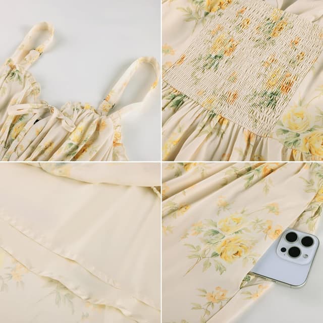 Detalle de SCARLET DARKNESS Robe d’été victorienne à fleurs, longue, bretelles spaghetti et ourlet à volants