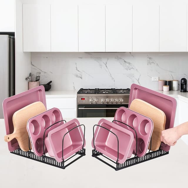 Detalle de Toplife Deckelorganizer für Teller und Deckelhalter mit 10 verstellbaren Teilern – Schwarz