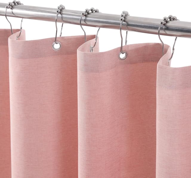Detalle de Rideau de douche VANZAVANZU en lin polyester imperméable anti-moisissures avec 6 anneaux métal (92x182 cm) – Rose
