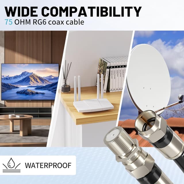 Detalle de Energeaster 50FT RG6 Coaxial Cable with F-Type Connector (Black) — Coax Cable Extender for Internet and TV