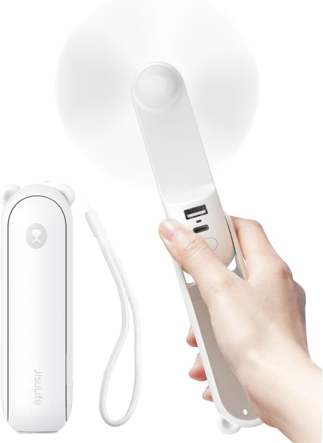 Detalle de JISULIFE Handheld Fan with 4500 mAh Powerbank (Max 37 Hours Runtime) – Quiet Folding Pocket USB Fan in White