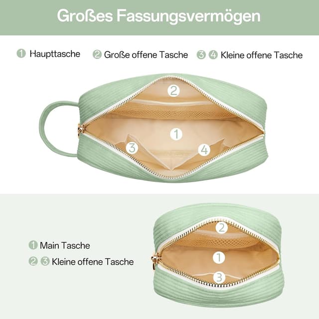 Detalle de KALIDI FANCY FOREST Kosmetiktasche Damen aus Cord mit Fächern und Metallreißverschluss (Reise-Organizer)