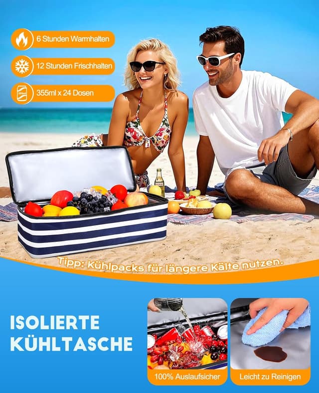 Detalle de ISEYOU Strandtasche XXL Familie mit Kühltasche (49 L) – faltbare Badetasche wasserdicht & sanddicht mit Reißverschluss