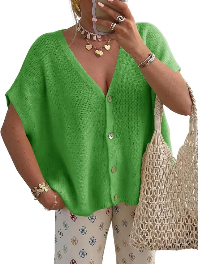 Thumbnail 6 de Saodimallsu Women’s Batwing Short-Sleeve V-Neck Button Cardigan (Plus-Size Oversized)