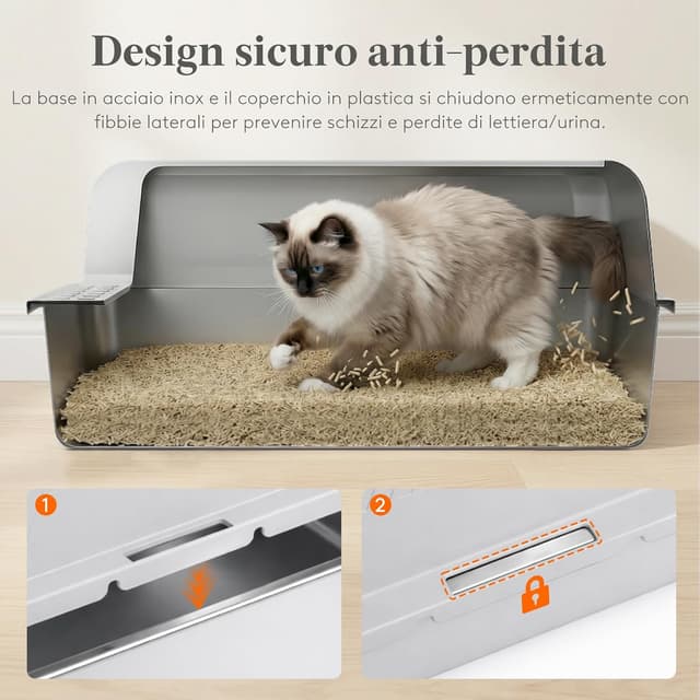 Detalle 2 de Lifewit Lettiera per gatti in acciaio inox XXL con apertura e pala, 58 x 38 x 26 cm, grigio