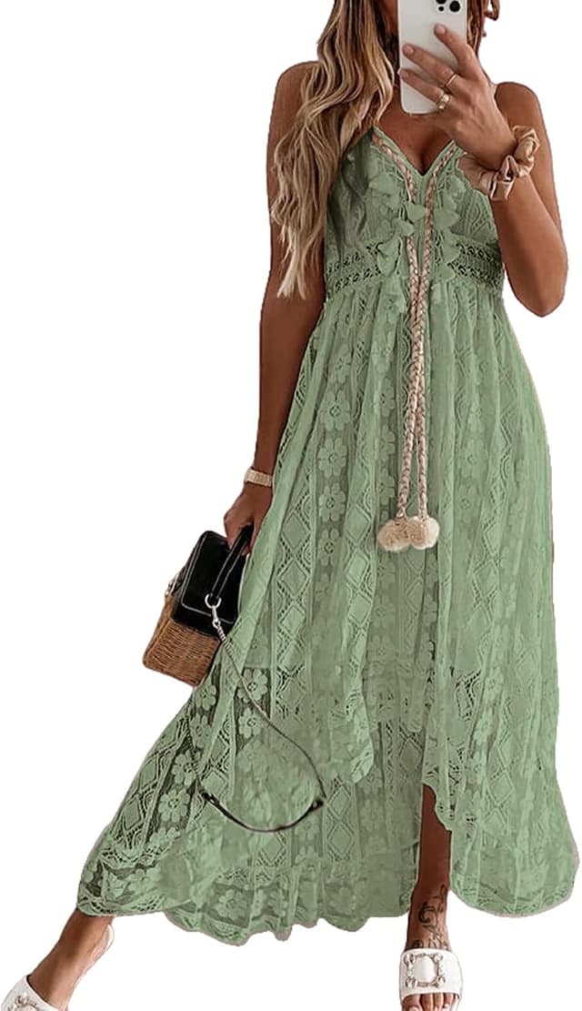 Detalle de CUPSHE Damen Sommerkleid mit V-Ausschnitt, Spitze und Quasten – Boho/Beach Maxi mit Spaghettiträgern