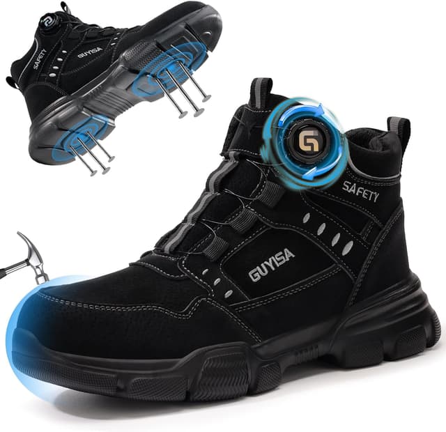 Detalle de GUSAYEX men’s lightweight steel toe cap safety boots with puncture-resistant midsole and quick swivel buckle lacing