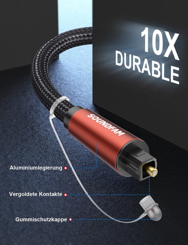 Detalle 2 de SOUNDFAM 90° Optisches Audiokabel 3 m (Rot) – Toslink Digital mit Winkelstecker für Soundbar & TV
