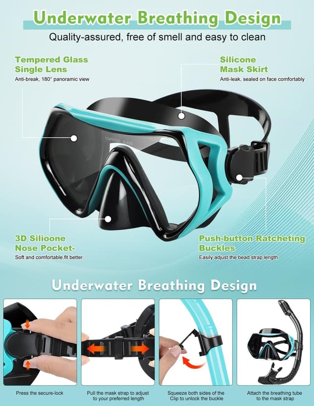 Detalle de Hydomi Adult Snorkel Set – Leak-proof mask with anti-fog tempered glass and dry-top snorkel