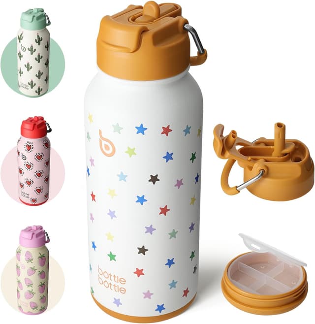 Detalle de bottlebottle BOTTLE BOTTLE Edelstahl-Trinkflasche 1 l mit Strohhalm & Pillenfach (doppelwandig, auslaufsicher)