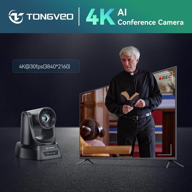 Detalle de TONGVEO 4K AI PTZ Camera with Auto Tracking and 20X Optical Zoom for Conference Rooms, Church, and Live Streaming